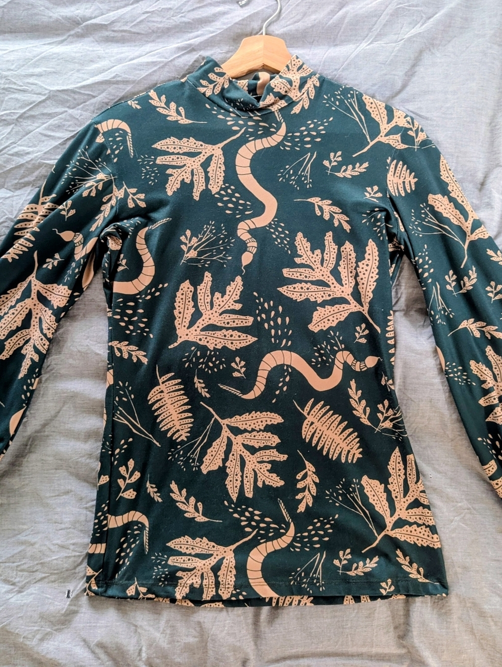 Green & Gold Botanical Print Long Bishop Sleeve Top